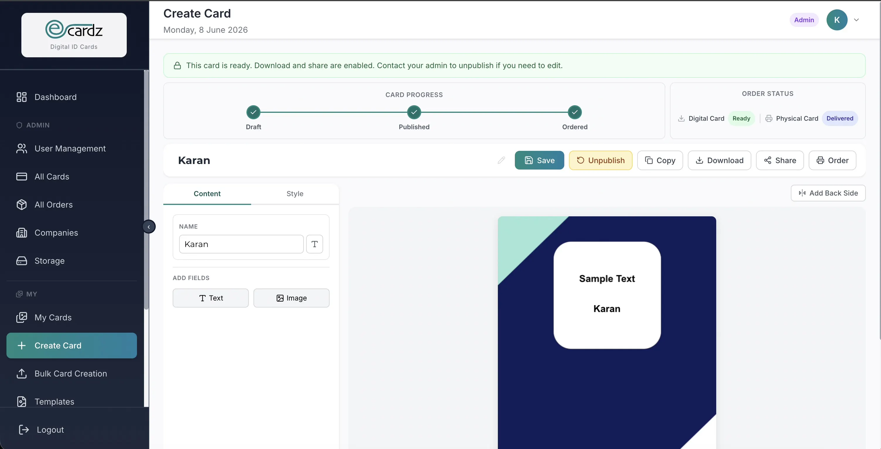 Admin card creation — order status and fulfillment workflow